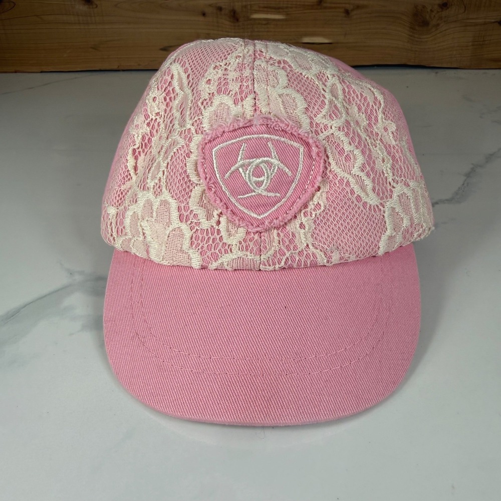 Ariat Girls Pink Lace Overlay Logo Patch Baseball Cap Hat Elastic Back